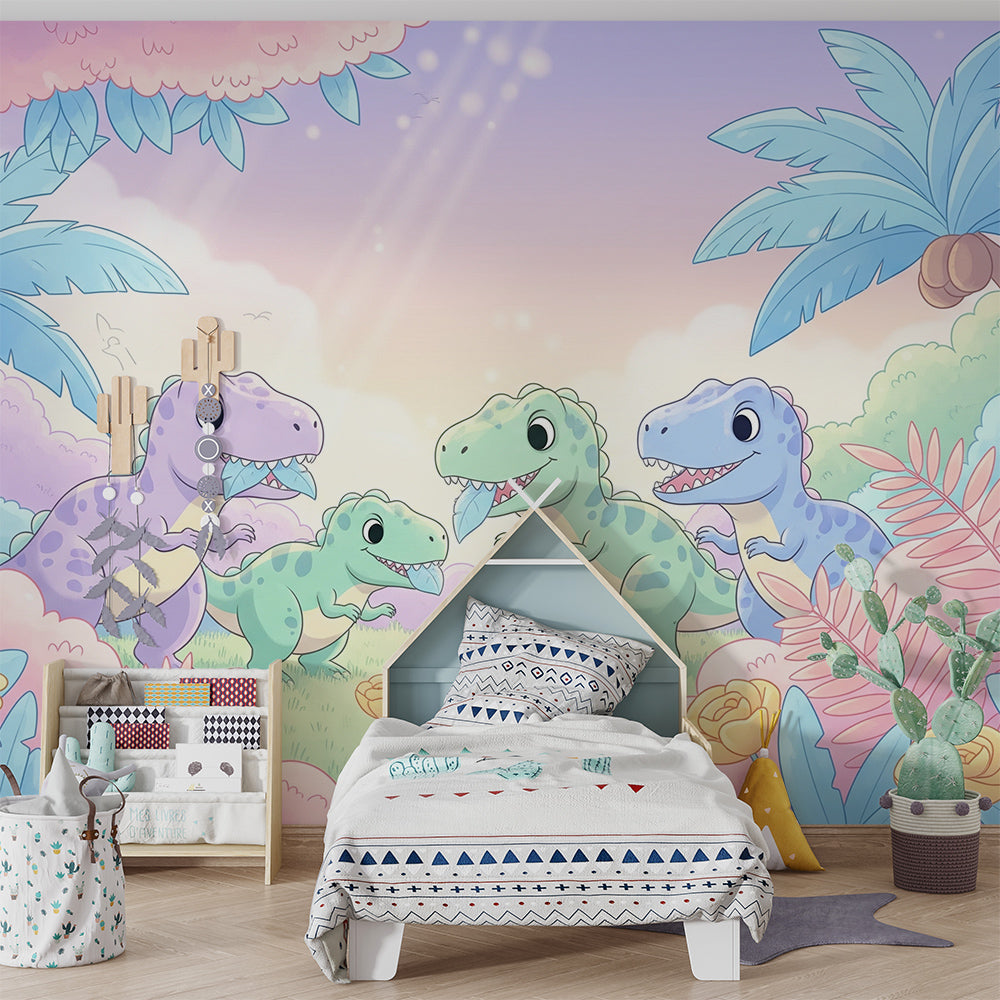 Kids-Mundo dinosaur family mural with palm trees and flowers decorating a playroom wall