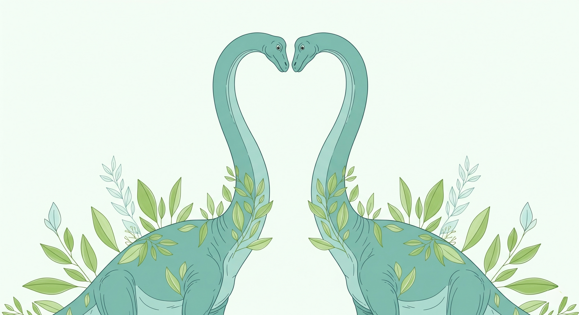 Kids-Mundo flat artwork of two teal dinosaurs forming a heart shape among leaves