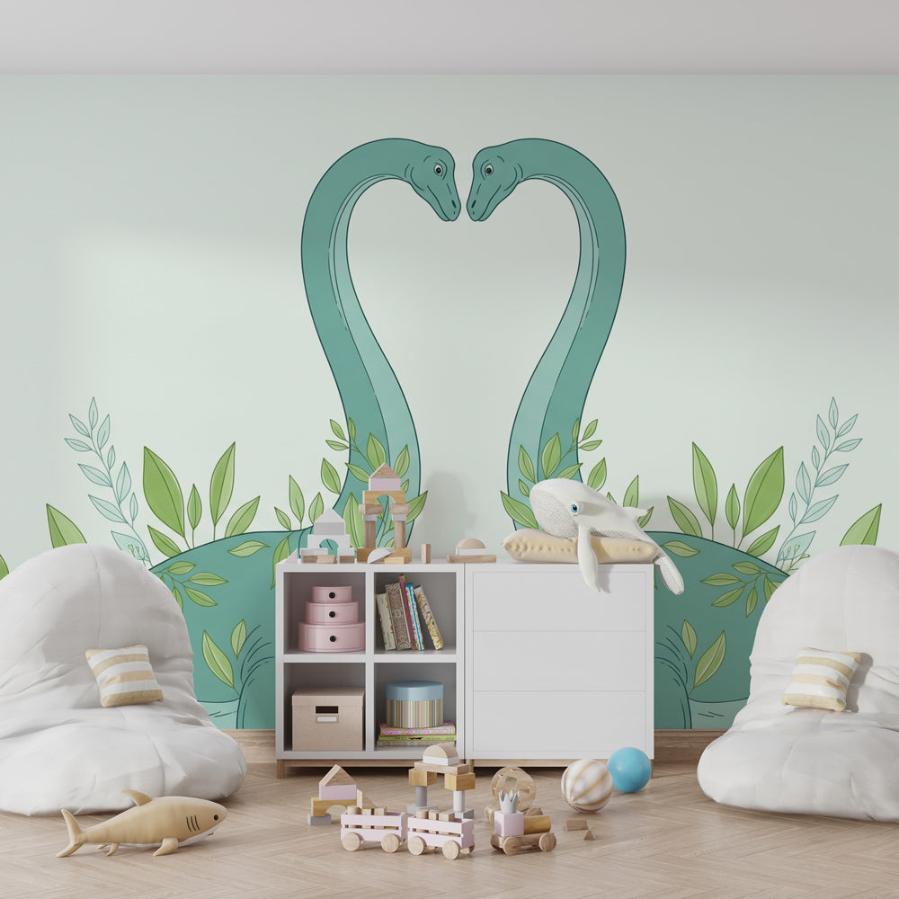 Kids-Mundo dinosaur heart mural with leafy vines decorating a playroom wall
