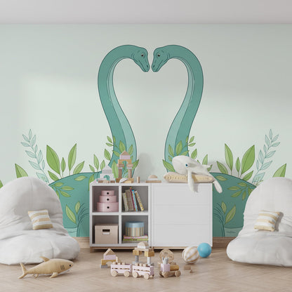 Kids-Mundo dinosaur heart mural with leafy vines decorating a playroom wall