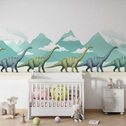 Kids-Mundo dinosaur mountain wall mural covering a kids' bedroom wall behind a single bed and toy shelf.