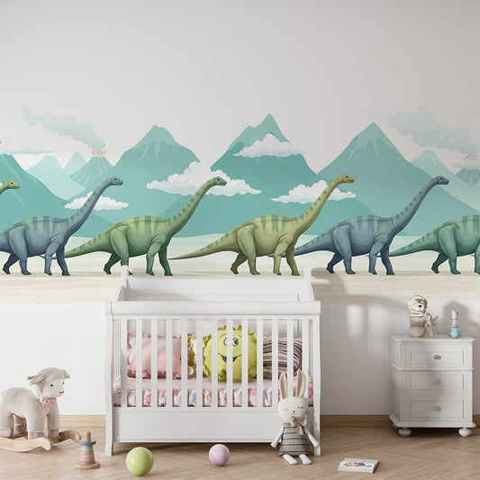 Kids-Mundo dinosaur mountain wall mural covering a kids' bedroom wall behind a single bed and toy shelf.