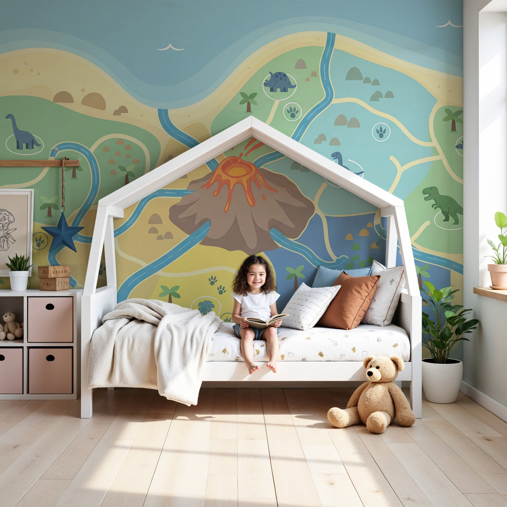 Dinosaur island mural wallpaper creating prehistoric adventure theme in modern kids bedroom by Kids-Mundo
