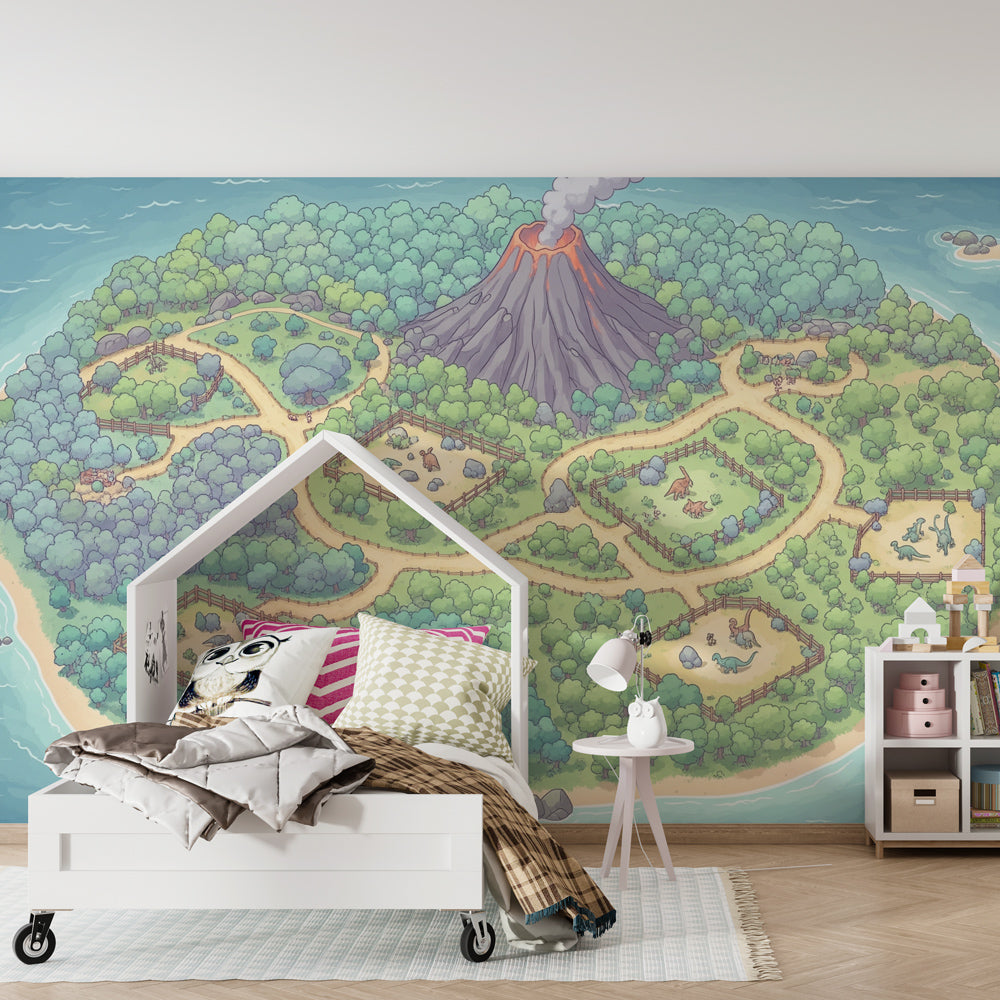 Volcanic dinosaur island wallpaper transforming children's bedroom into adventure space
