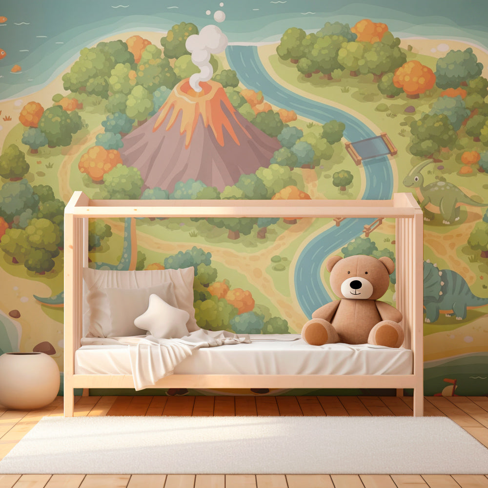 Prehistoric dinosaur wallpaper creating adventure-themed kids bedroom decor