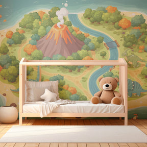 Prehistoric dinosaur wallpaper creating adventure-themed kids bedroom decor