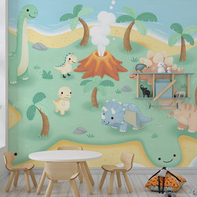 Tropical dinosaur mural wallpaper transforming kids bedroom into prehistoric paradise by Kids-Mundo