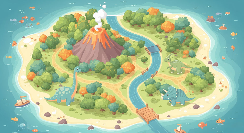 Detailed dinosaur island with volcano mural wallpaper design pattern by Kids-Mundo