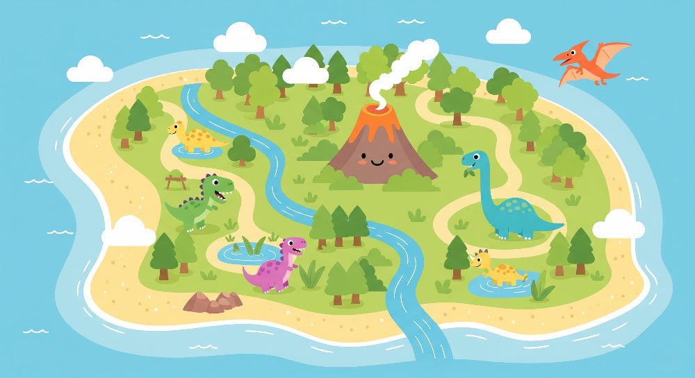 Detailed dinosaur island mural wallpaper design pattern showing tropical paradise with volcano by Kids-Mundo