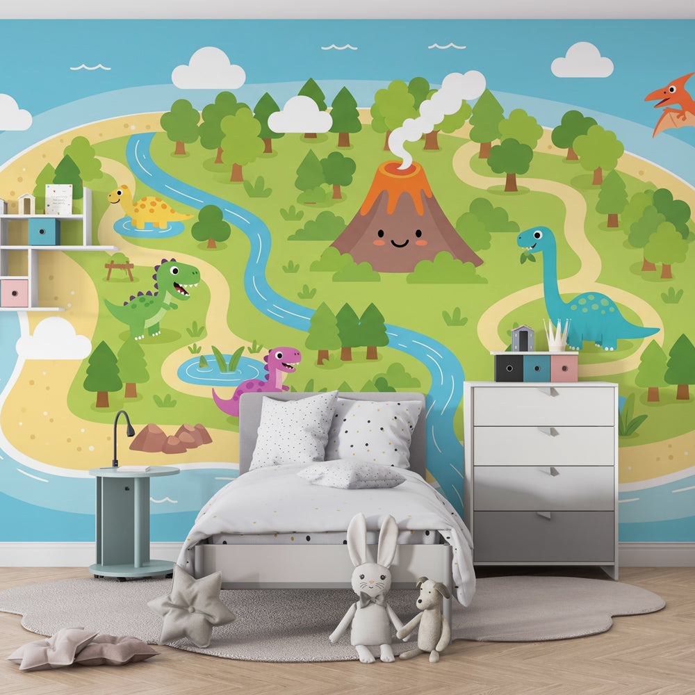 Colorful dinosaur wallpaper creating adventure-themed children's bedroom with prehistoric island design
