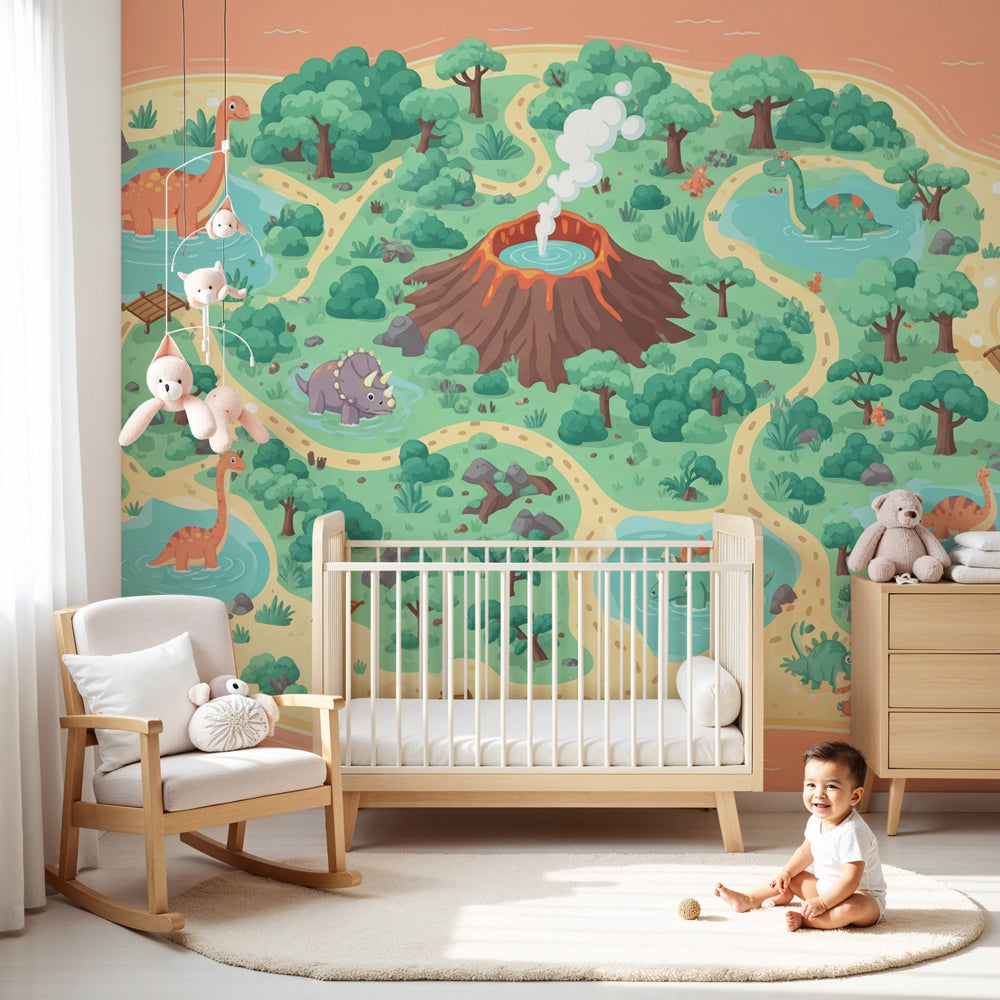 Dinosaur island mural wallpaper creating prehistoric adventure theme in modern nursery by Kids-Mundo