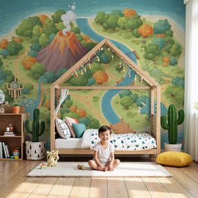 Dinosaur island mural wallpaper with volcano in modern nursery by Kids-Mundo
