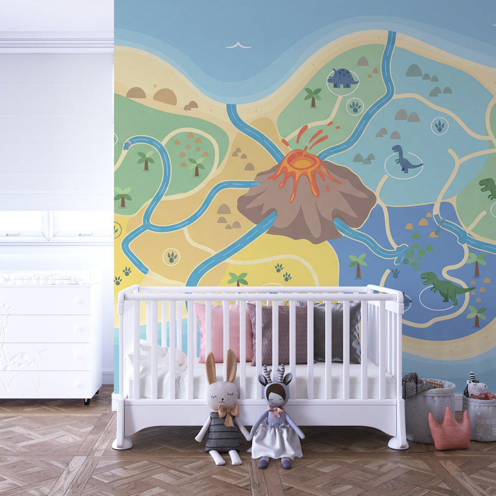 Adventure map dinosaur wallpaper transforming nursery into educational prehistoric world