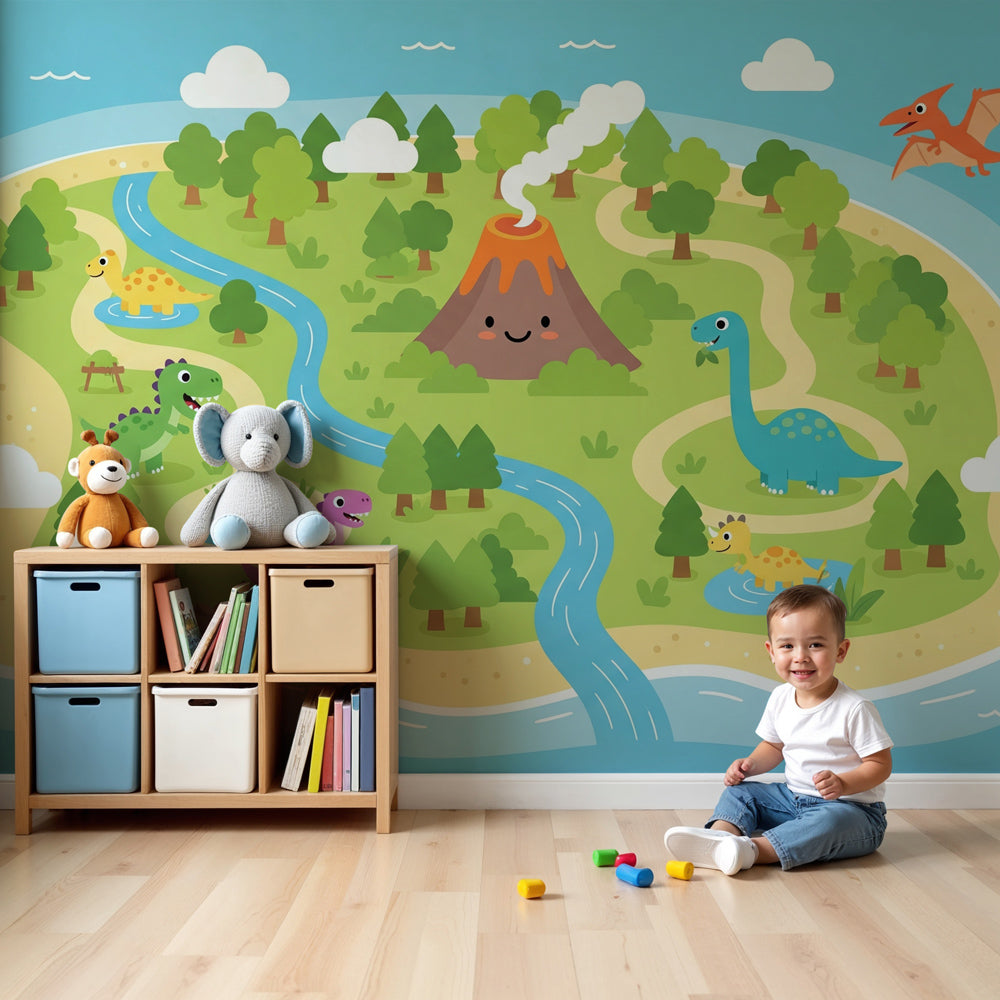 Dinosaur island mural wallpaper in bright nursery room with tropical volcano theme by Kids-Mundo