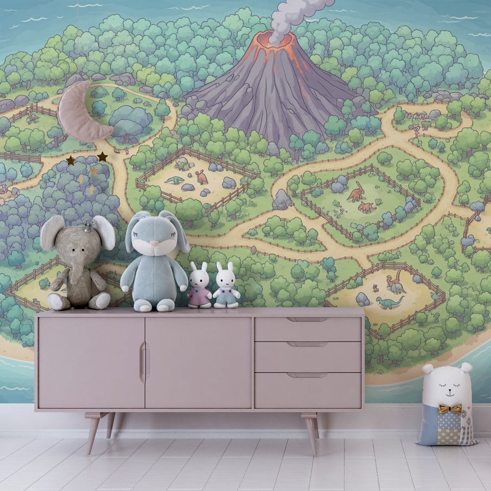 Prehistoric island mural wallpaper with dinosaurs creating educational playroom by Kids-Mundo