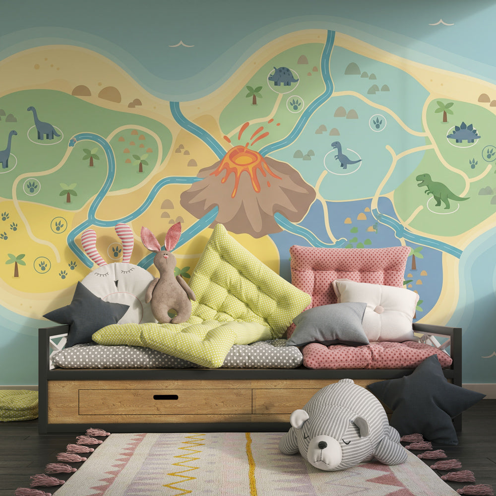 Children's dinosaur island wallpaper featuring volcano and exploration paths in bright playroom