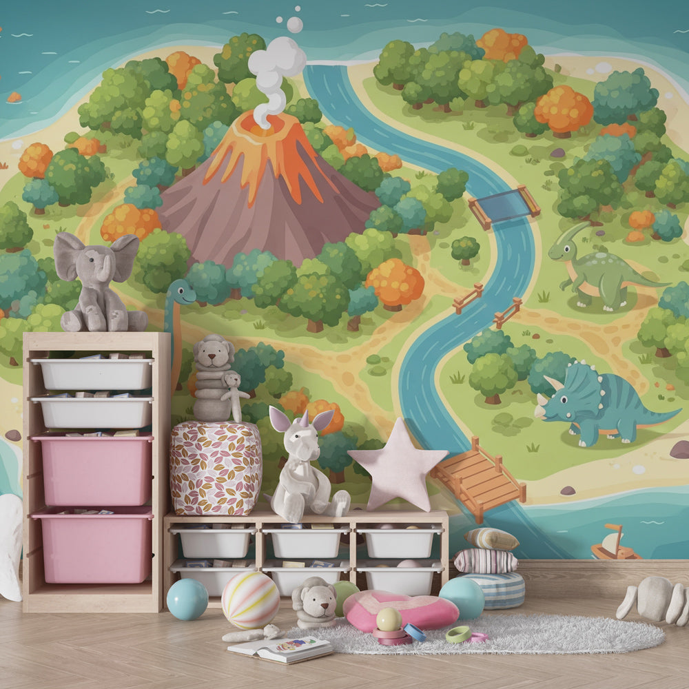 Tropical dinosaur island wallpaper with volcano in colorful children's playroom