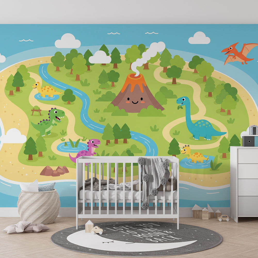 Friendly dinosaur mural wallpaper transforming playroom with tropical island and smiling volcano scene