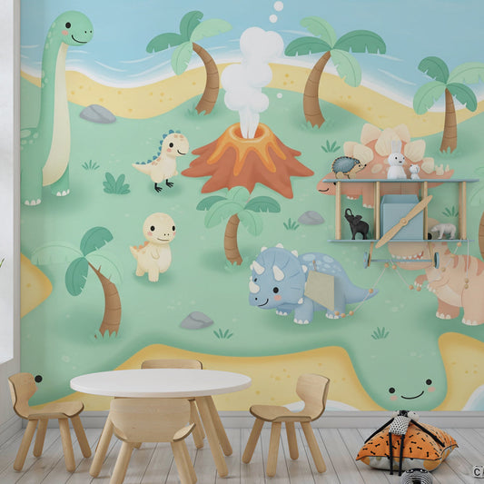 Kids-Mundo dinosaur island wall mural covering a feature wall in a child's bedroom