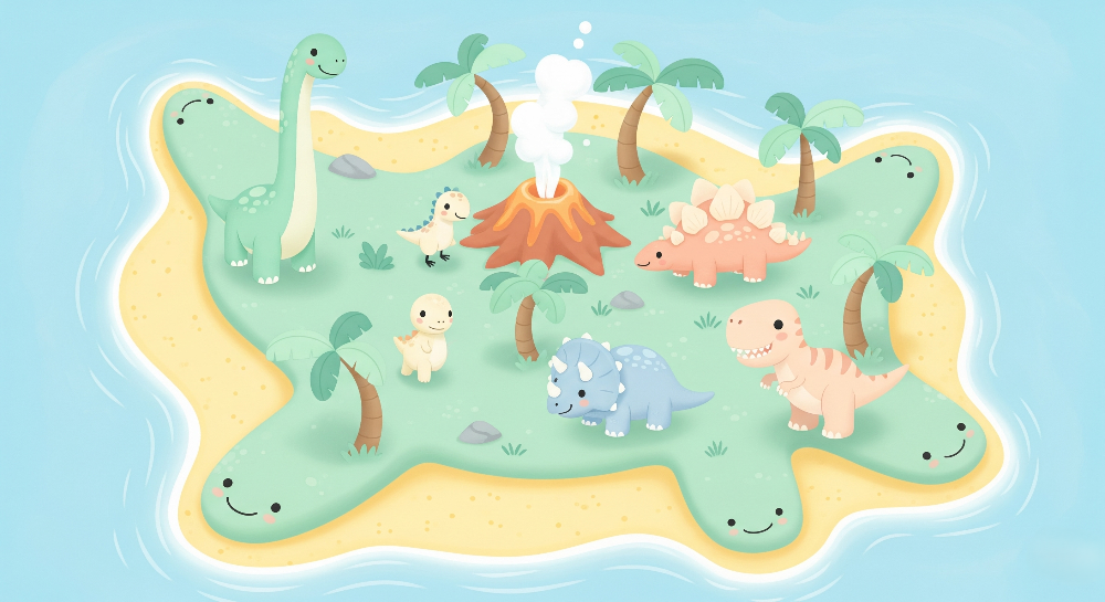 Kids-Mundo flat artwork of a smiling dinosaur island surrounded by a blue ocean