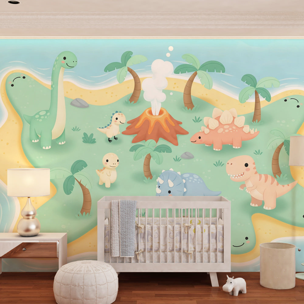Kids-Mundo cute dinosaur island mural with a blue ocean decorating a playroom wall