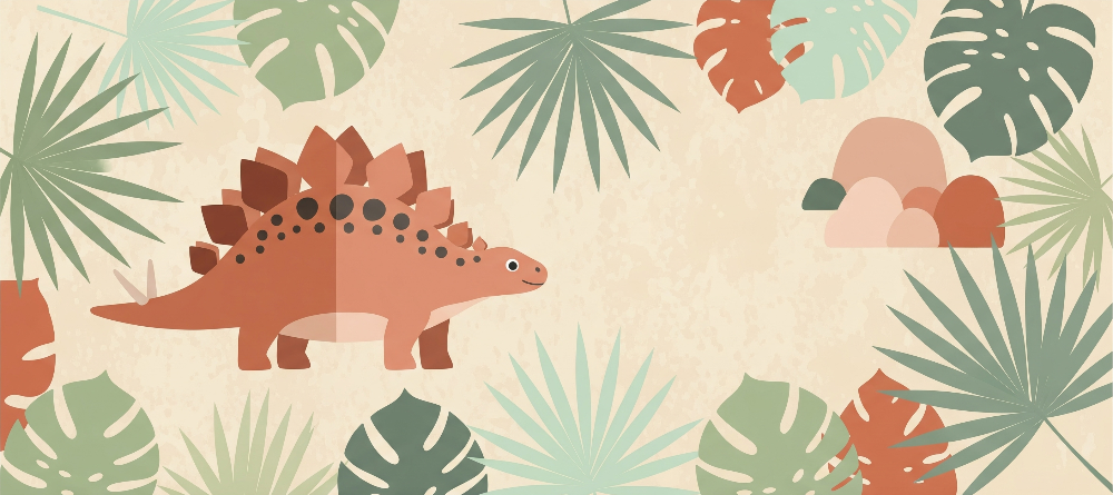 Kids-Mundo flat artwork of a friendly terracotta stegosaurus among tropical leaves.