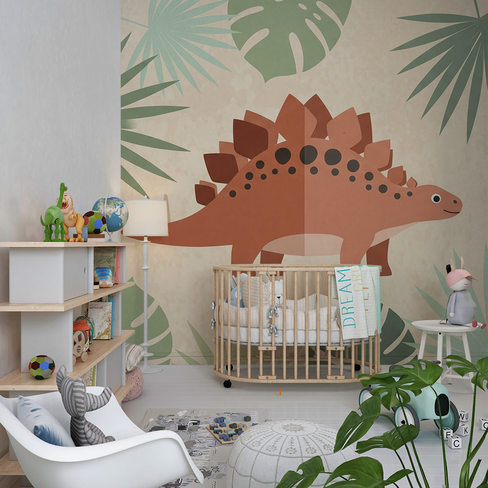 Kids-Mundo dinosaur wall mural bringing a friendly prehistoric jungle to a playroom.