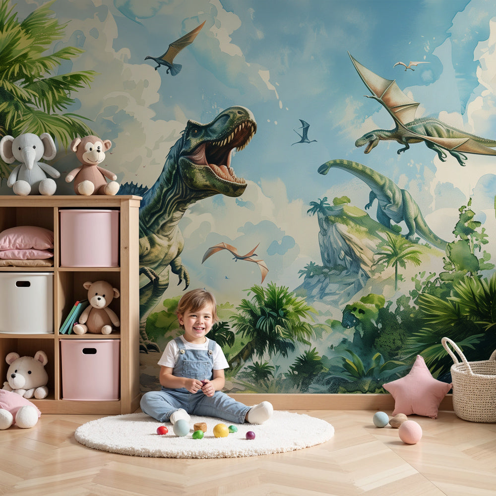 Kids-Mundo dinosaur jungle wall mural styled in a nursery with soft watercolour T-Rex scene.