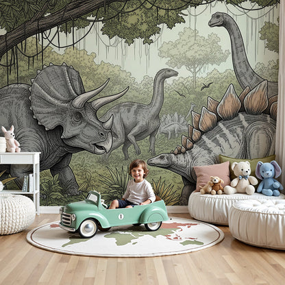 Kids-Mundo dinosaur wall mural in a nursery with a cot and a lush prehistoric jungle