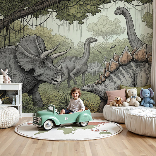 Kids-Mundo dinosaur wall mural in a nursery with a cot and a lush prehistoric jungle