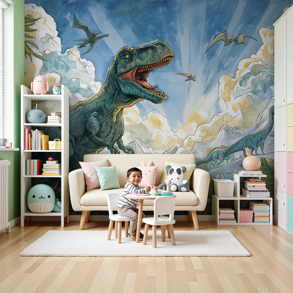 Dinosaur mural wallpaper with T-Rex in modern kids bedroom setting by Kids-Mundo
