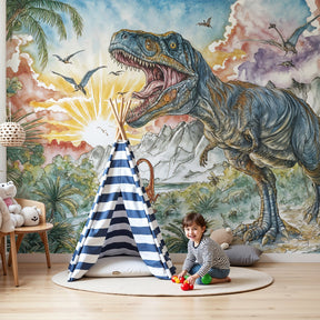 Dinosaur mural wallpaper creating prehistoric adventure theme in modern kids bedroom by Kids-Mundo
