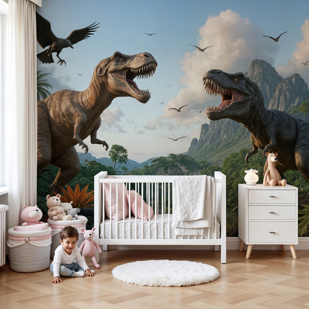Dinosaur mural wallpaper with T-Rex scene decorating modern kids bedroom by Kids-Mundo
