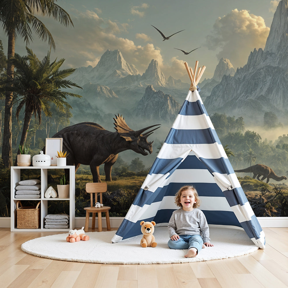 Dinosaur mural wallpaper creating prehistoric adventure theme in modern kids bedroom by Kids-Mundo
