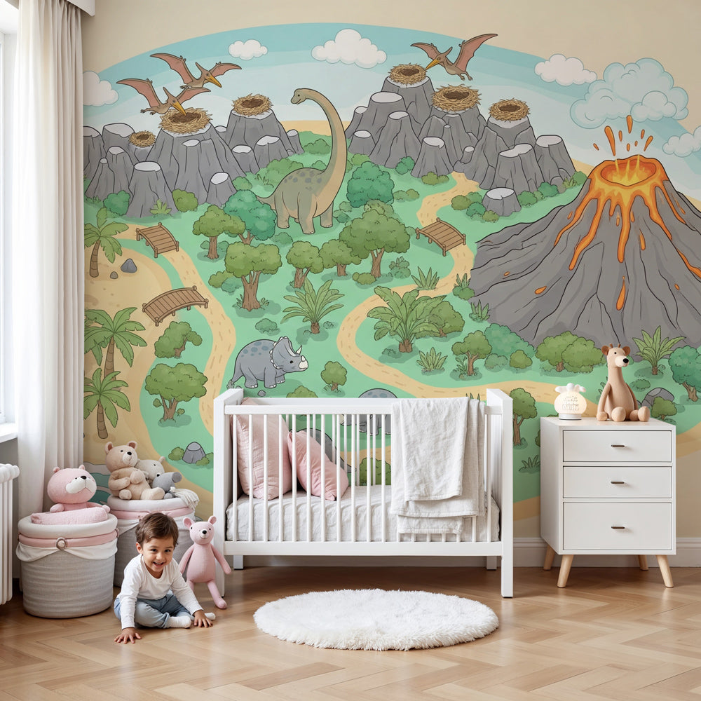 Dinosaur mural wallpaper creating prehistoric adventure in modern kids bedroom by Kids-Mundo