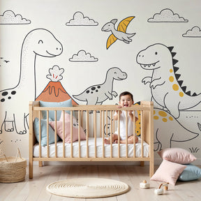 Dinosaur mural wallpaper in modern children's bedroom with prehistoric adventure theme by Kids-Mundo