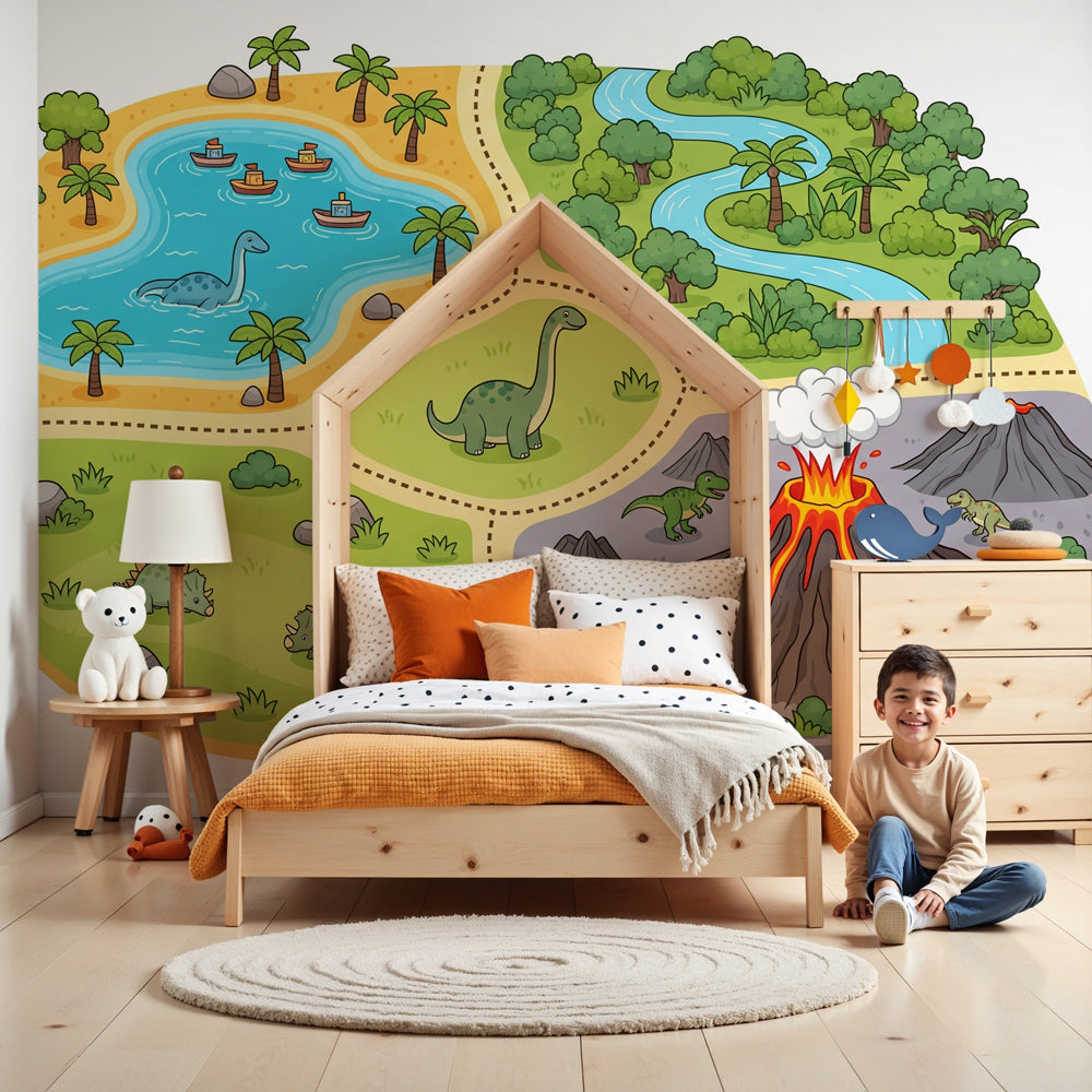 Dinosaur prehistoric island mural wallpaper creating educational adventure in modern kids bedroom by Kids-Mundo