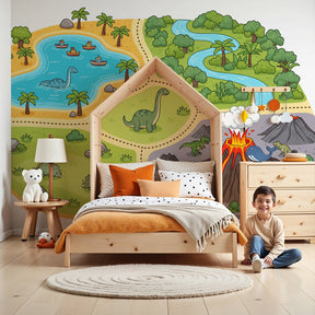 Dinosaur prehistoric island mural wallpaper creating educational adventure in modern kids bedroom by Kids-Mundo