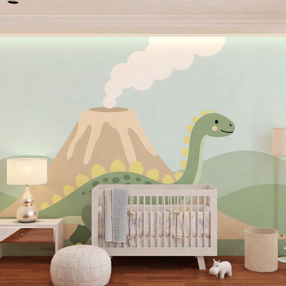 Prehistoric dinosaur wallpaper creating adventurous kids bedroom atmosphere with green hills and volcano