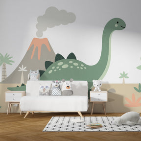 Children's bedroom featuring dinosaur and volcano mural wallpaper with educational prehistoric theme