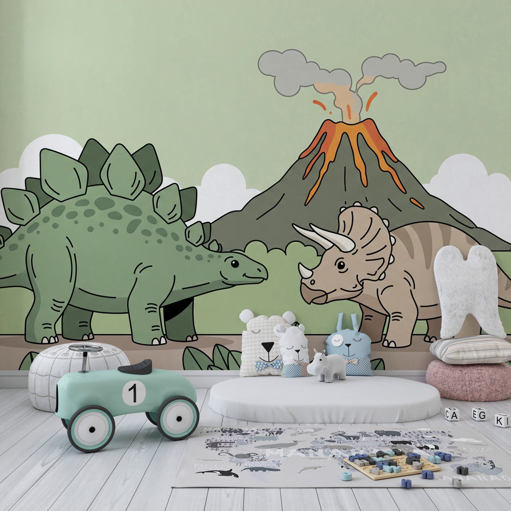 Prehistoric dinosaur wallpaper creating adventurous atmosphere in children's bedroom decor