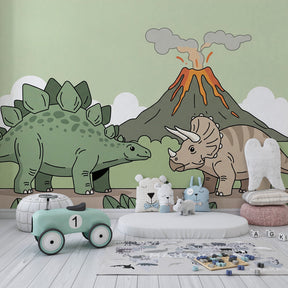 Prehistoric dinosaur wallpaper creating adventurous atmosphere in children's bedroom decor