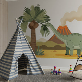 Prehistoric dinosaur wallpaper creating educational kids bedroom with adventure theme