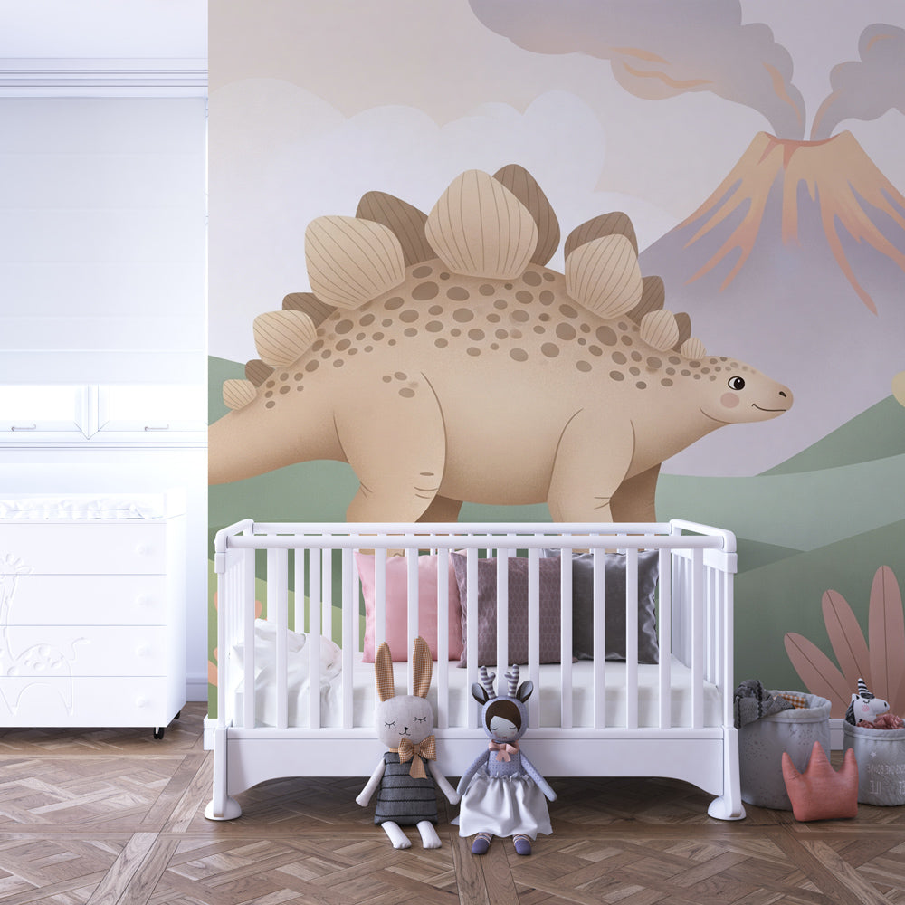 Friendly dinosaur wallpaper with volcano scene decorating children's bedroom wall by Kids-Mundo