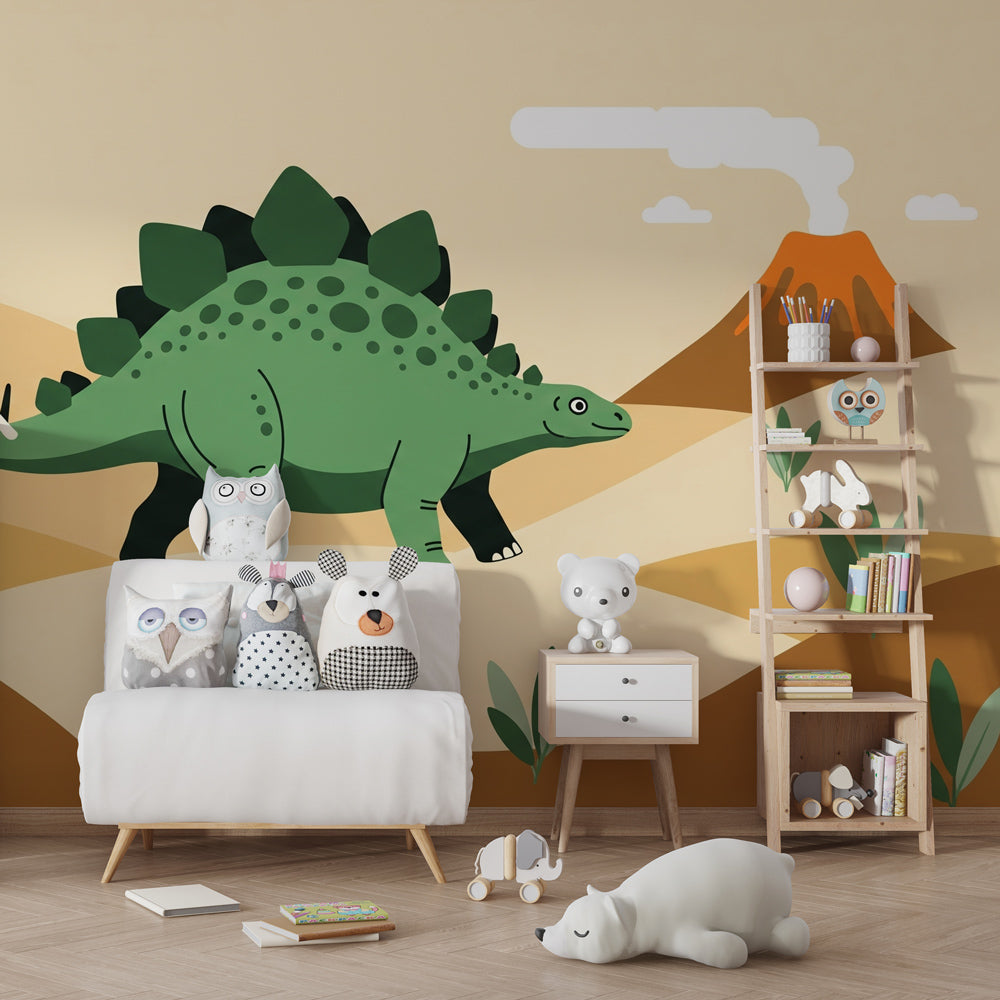 Stegosaurus wallpaper creating prehistoric adventure theme in children's bedroom