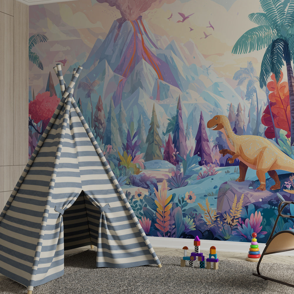 Tropical dinosaur wallpaper creating prehistoric adventure theme in kids bedroom decor