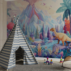 Tropical dinosaur wallpaper creating prehistoric adventure theme in kids bedroom decor