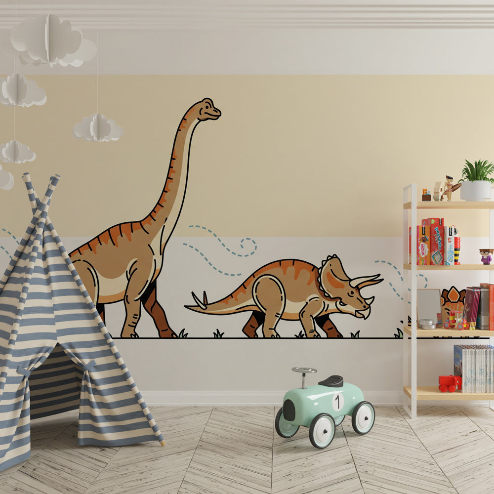 Walking dinosaurs wallpaper transforming children's bedroom with friendly prehistoric creatures