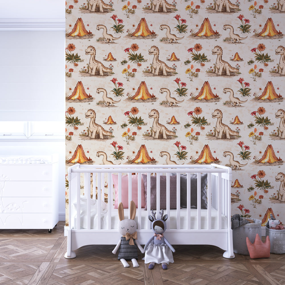Colorful dinosaur wallpaper with volcanoes decorating kids bedroom wall for playful atmosphere