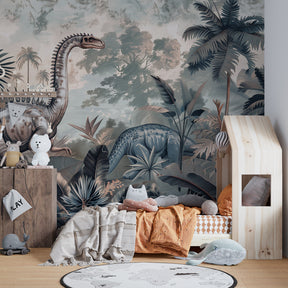 Colorful dinosaur wallpaper transforming children's bedroom with prehistoric jungle theme